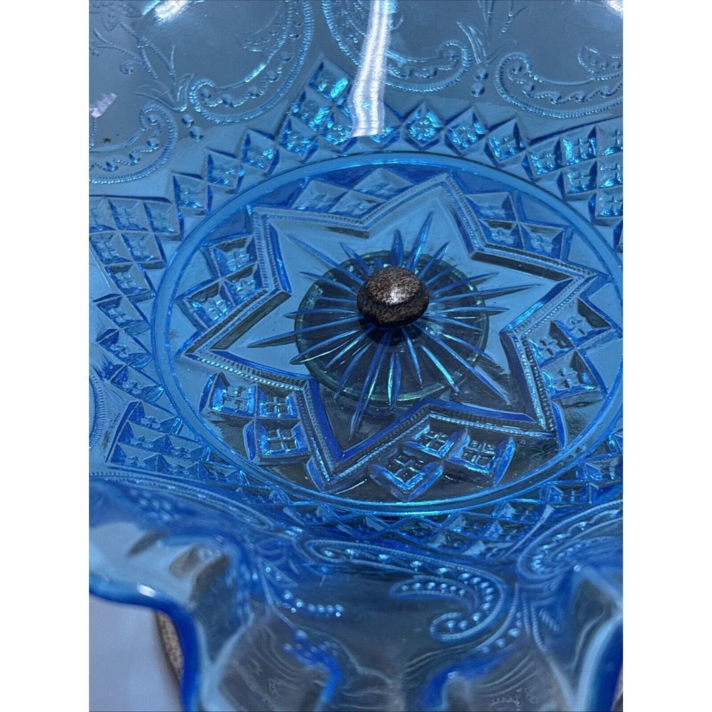 Blue Crimped Ruffled Candy Dish Compote Art Glass 6 Star Paisley Pattern - Picture 10 of 12